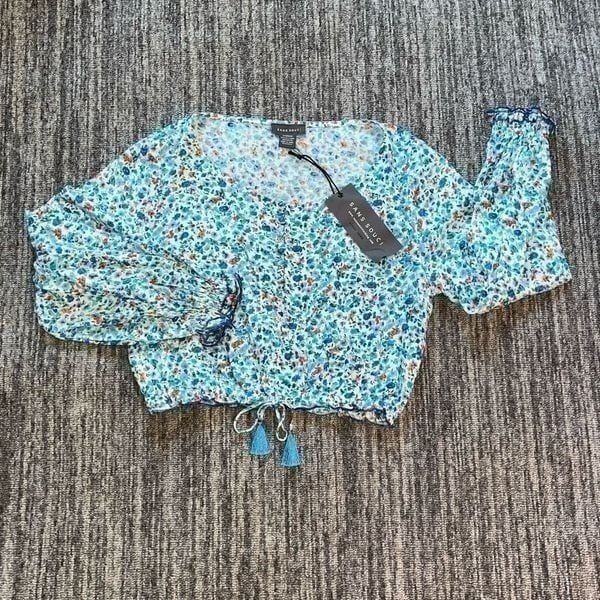 Sans Souci Women’s Size Medium Long Balloon Sleeve Blouse Blue Floral Boho NWT
