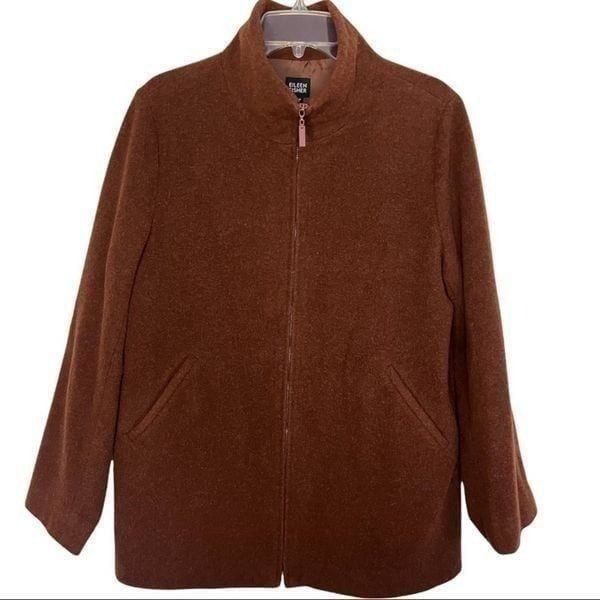 Eileen Fisher Cinnamon Brown Italian Wool Full Zip Funnel Neck Coat Med