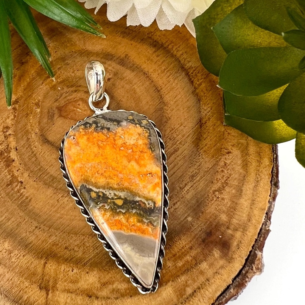 Large Bumble Bee Jasper Pendant Vintage Southwest Solid Sterling Silver 925 New