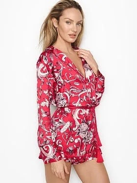 Victoria’s Secret Red Satin Tie Waist Romper Pajamas