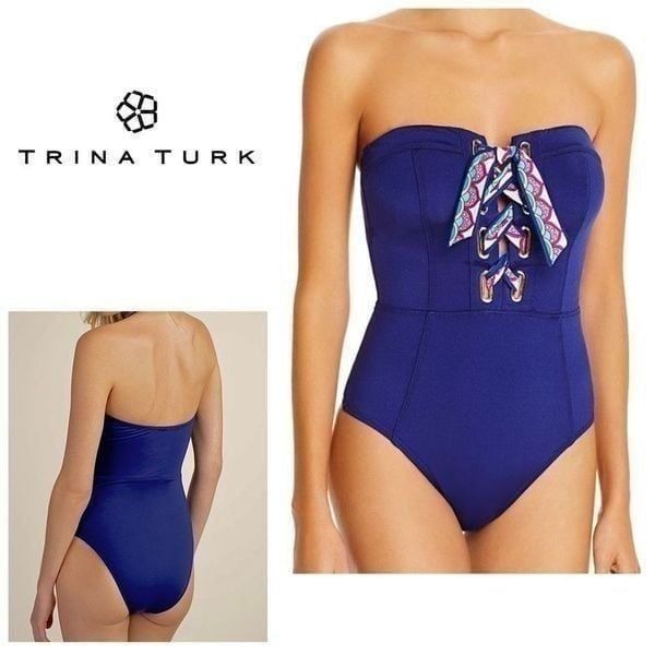 New. Trina Turk navy bandeau lace front swimsuit. Size 4. Retails 149