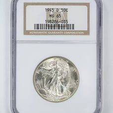 1945 D Walking Liberty Half NGC MS65 DEEP FROSTY WHITE Strong Strike