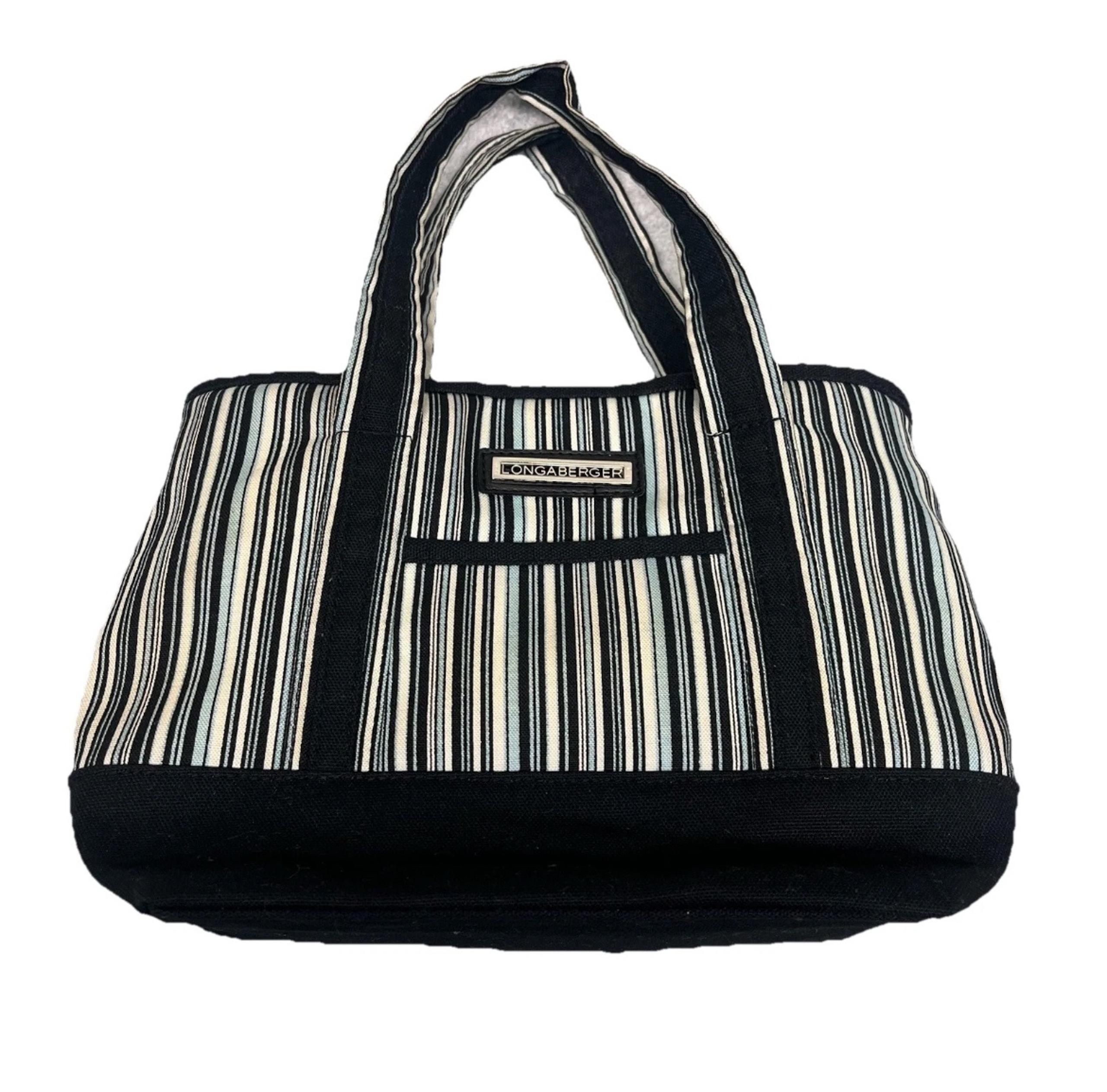 Longaberger Tote Bag Handbag Black Blue Striped Front Pocket Snap Closure Small