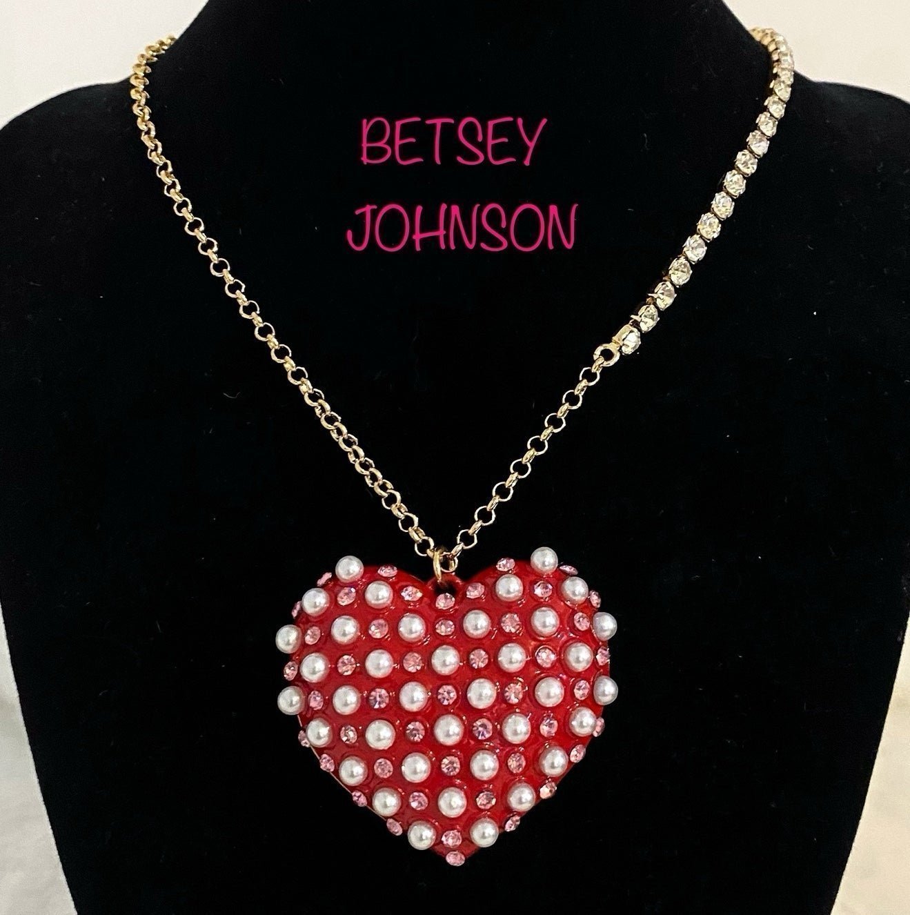 Betsey Johnson Faux Pearl & Pink Rhinestone Red Heart Necklace