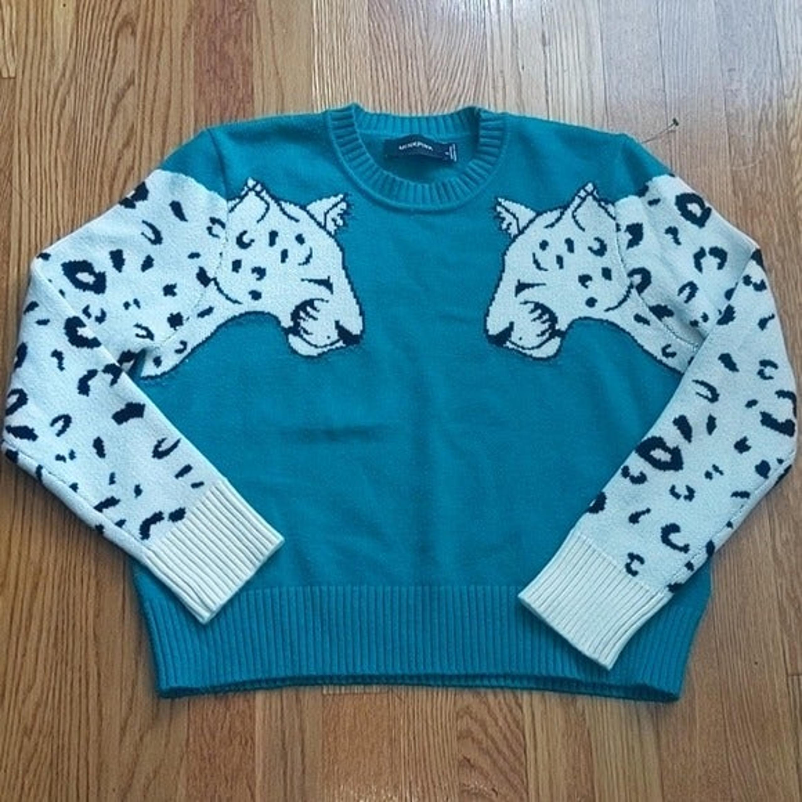 MINK PINK MINKPINK SNOW LEOPARD SWEATER INTARSIA teal white size SMALL green