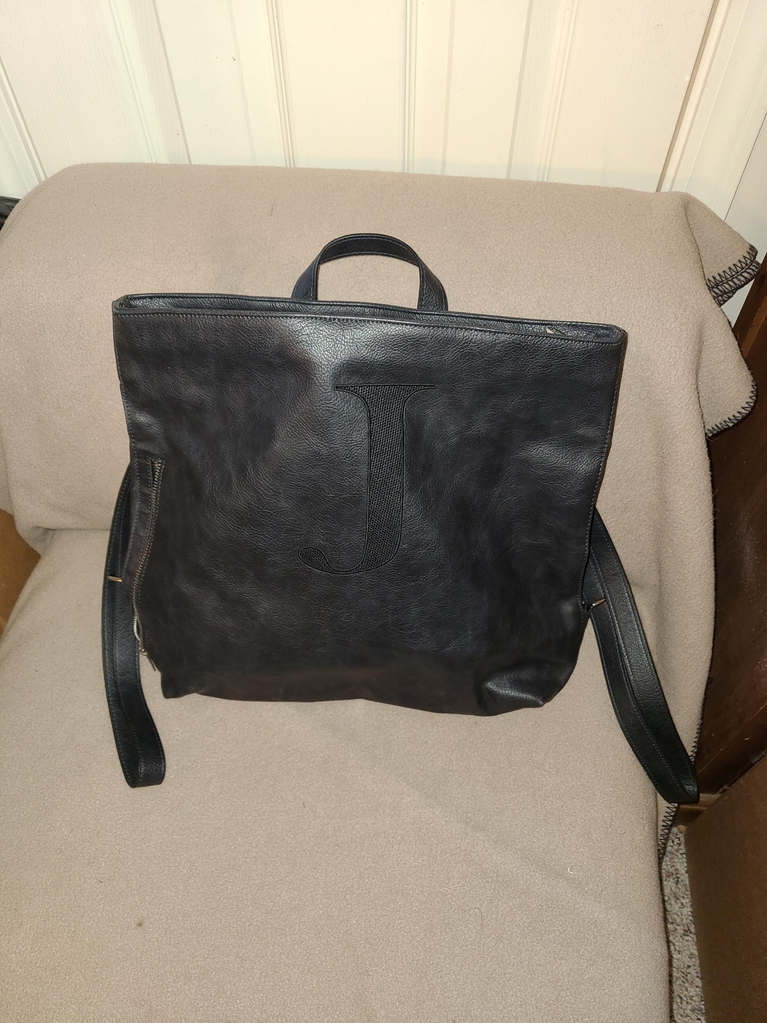 Thirty one backpack purse in black faux leather with "j" embroidery