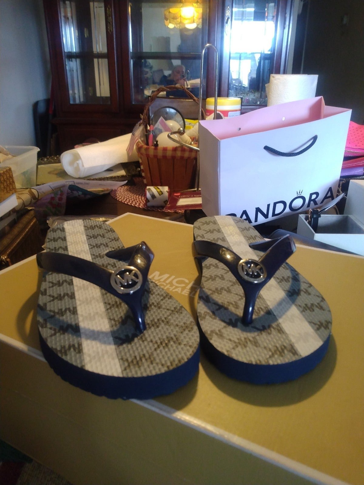 Michael Kors Blue Mk Logo Flip Flops Size 6 New