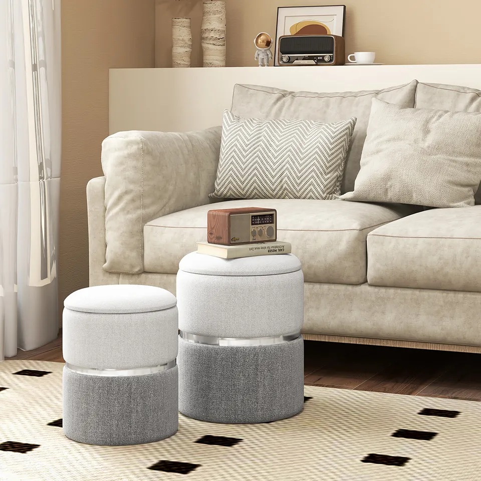 Linen Fabric Storage Ottoman Set of 2 FREE Express Shipping USA