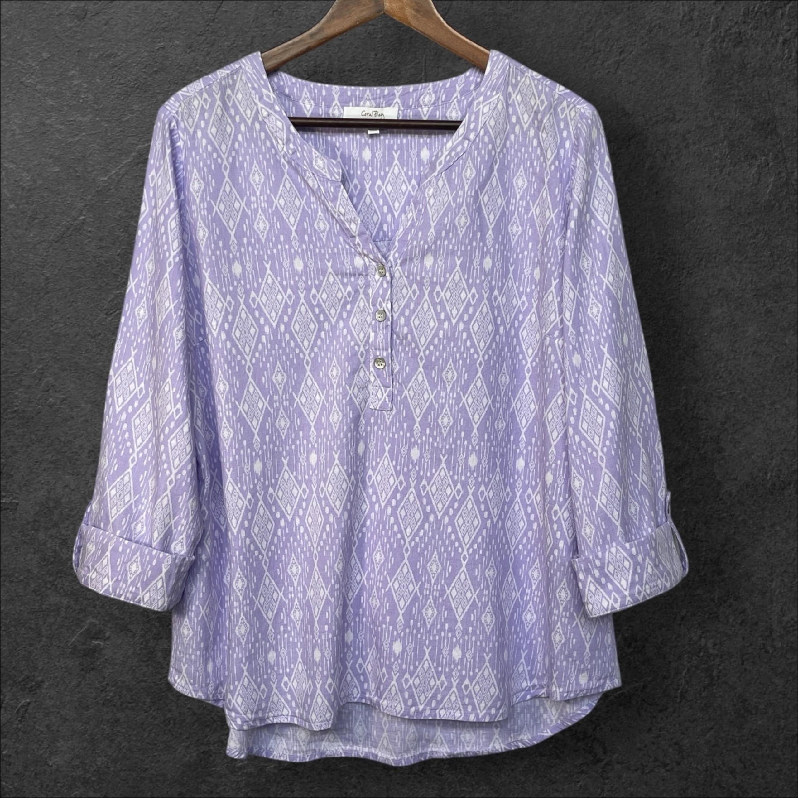 Coral Bay Tunic Top Women XL Purple Linen Blend Geometric Roll Tab Blouse Flawed