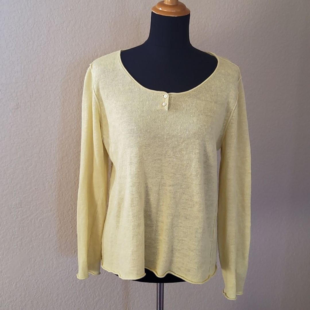 Eileen Fisher Linen Henley Sweater Size M Yellow