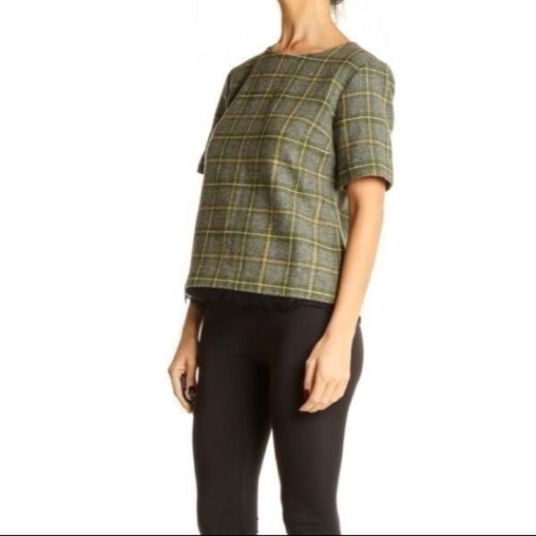 Banana Republic Grey Checkered Brunch Top Short Sleeves Size XS