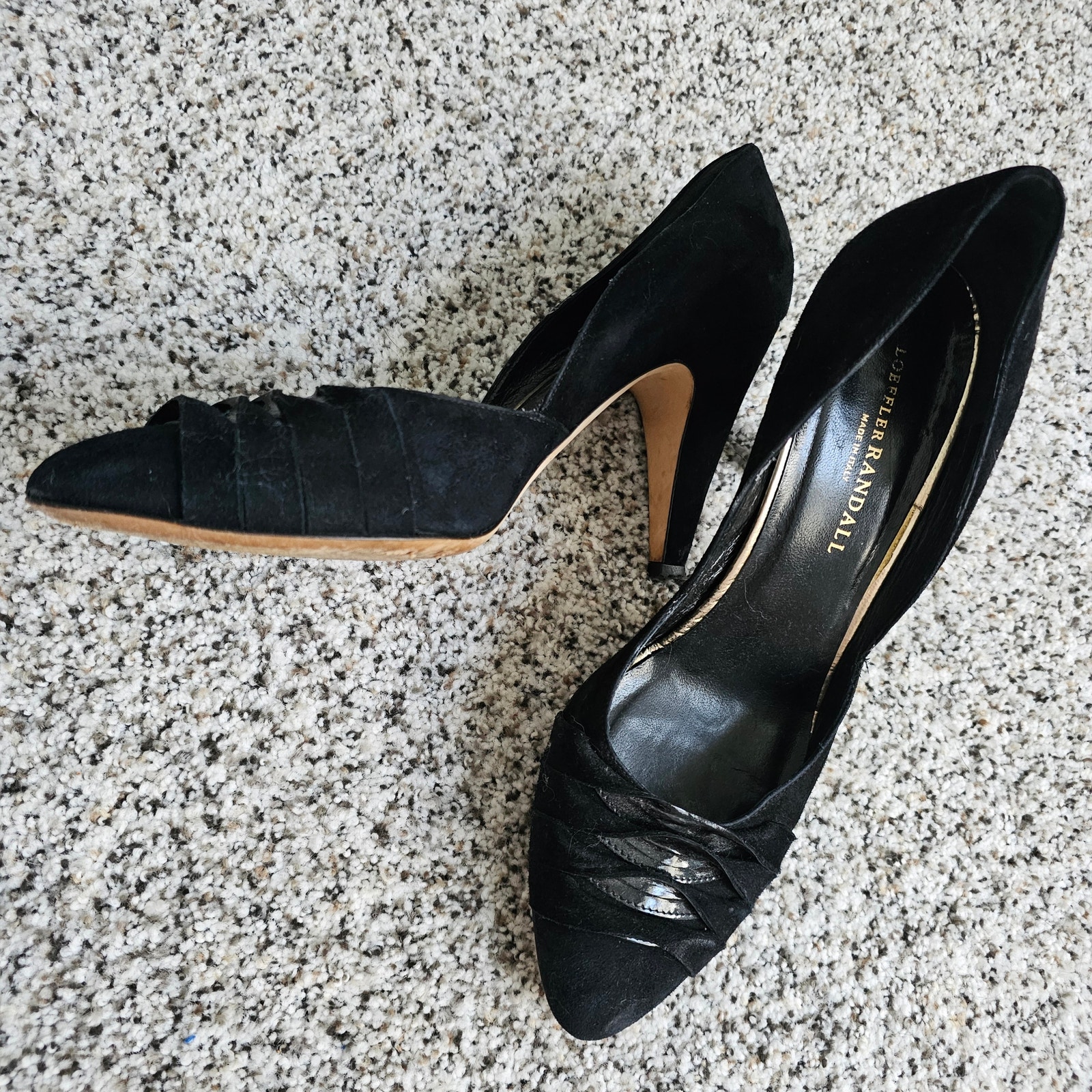 Loeffler Randall Ruffle Pointed Toe D'Orsay Black Suede Heels Size 9.5