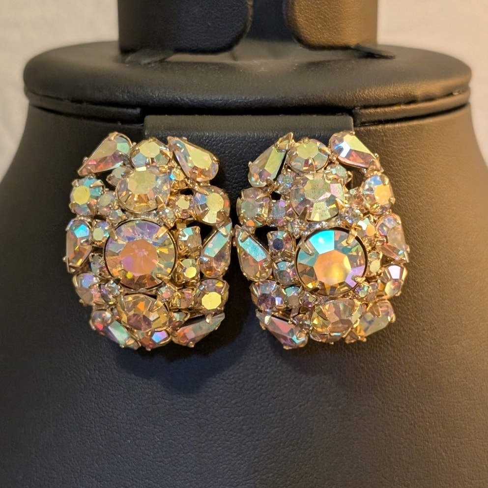 Spectacular Vintage AB Rhinestone Crystal Gold Tone Statement Clip On Earrings