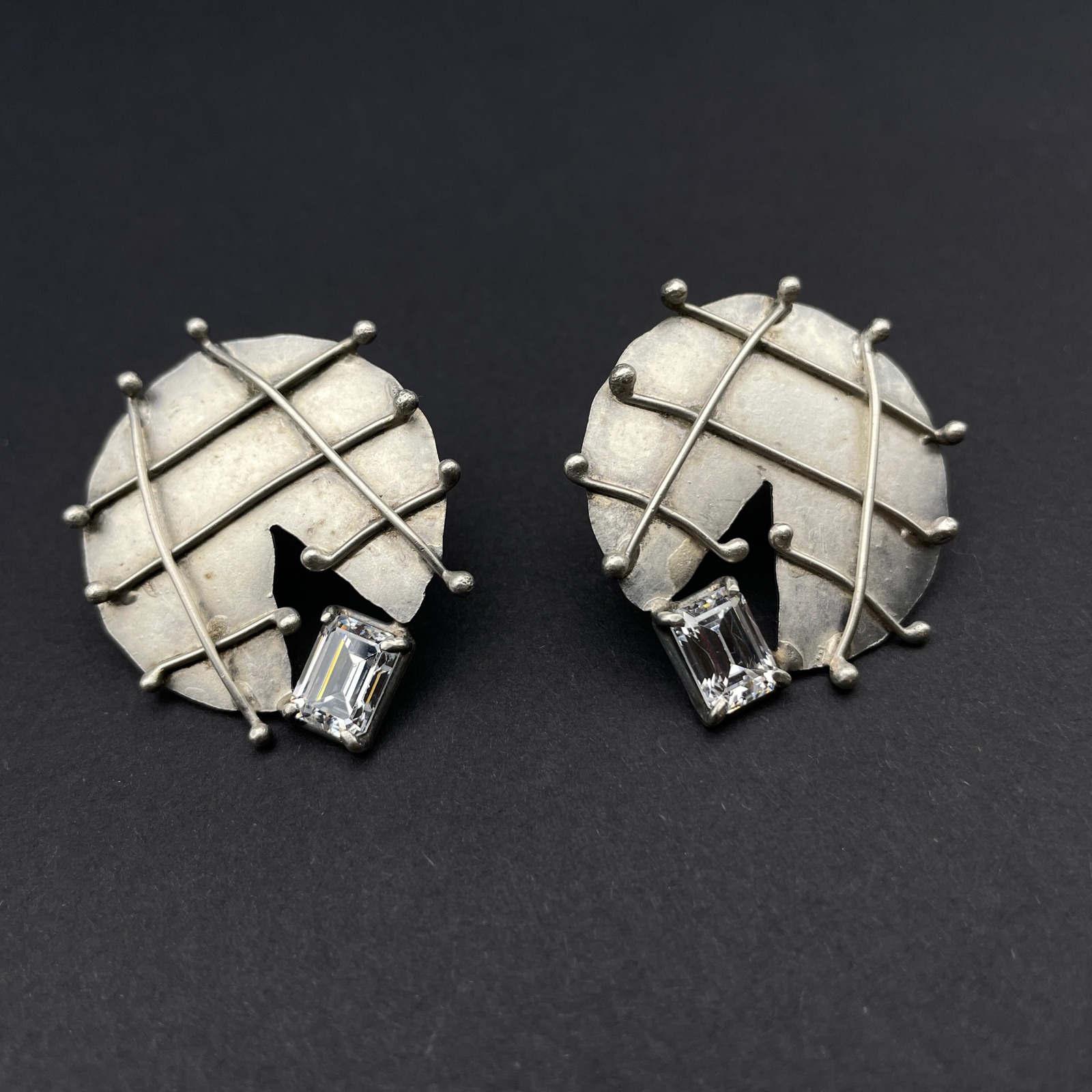 Vintage DION Sterling Silver Large Round Modernist Crystal Earrings Edgy Glam