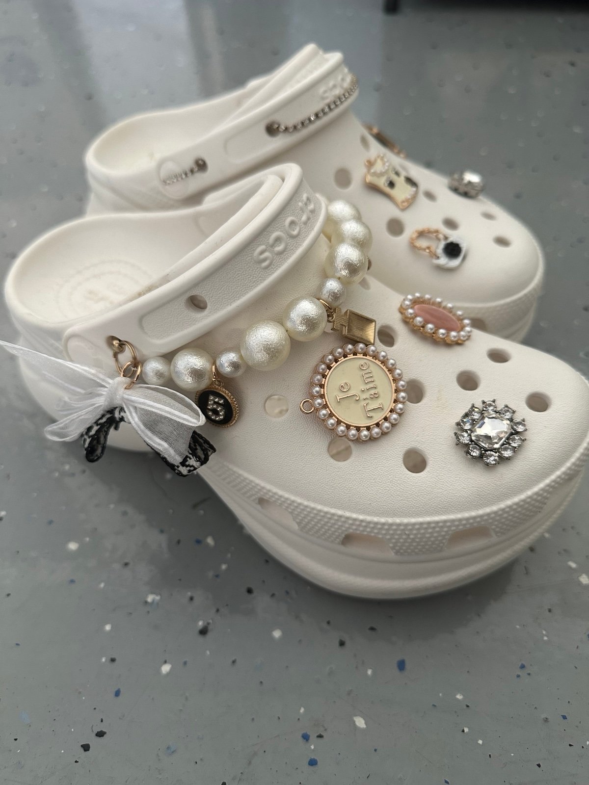 Customized Crocs Bae Clog – 6cm Platform, Pearl & Rhinestone Charms, White