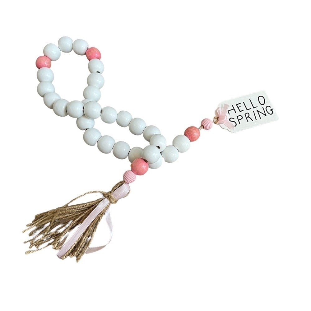 Hello Spring Farmhouse Tassel Wood Bead Tier Tray Decor