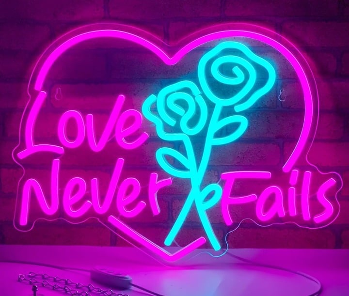 Lovely Bright Pink / Blue “Love Never Fails” Heart Rose LED Night Light Decor