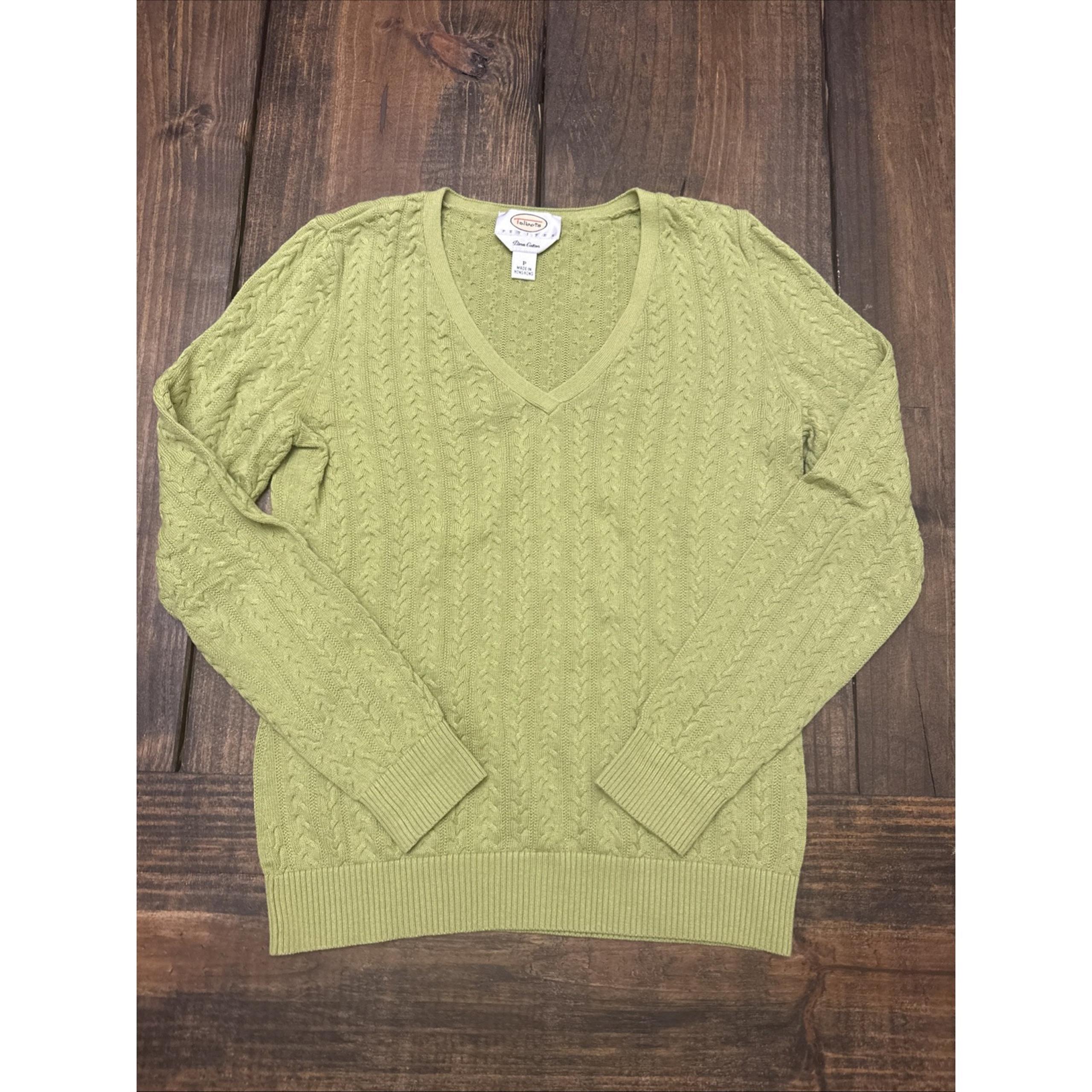 Talbots S Neon Green Cable Knit V-neck Sweater Long Sleeve Pullover Wool Blend