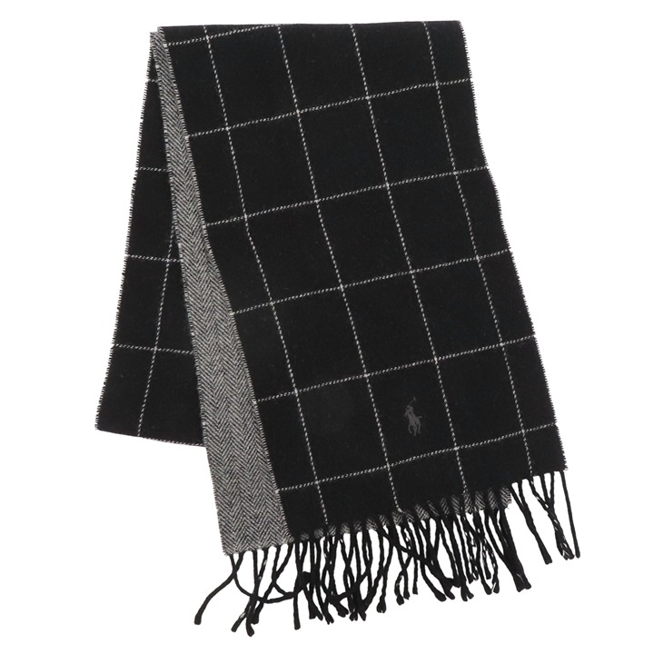 Polo Ralph Lauren Unisex Gray Chevron Black Plaid Check Lambs Wool Fringe Scarf