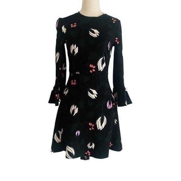 Kate Spade Long Bell Sleeve Floral Print Mini Dress Black Stretchy XXS Zip AG23