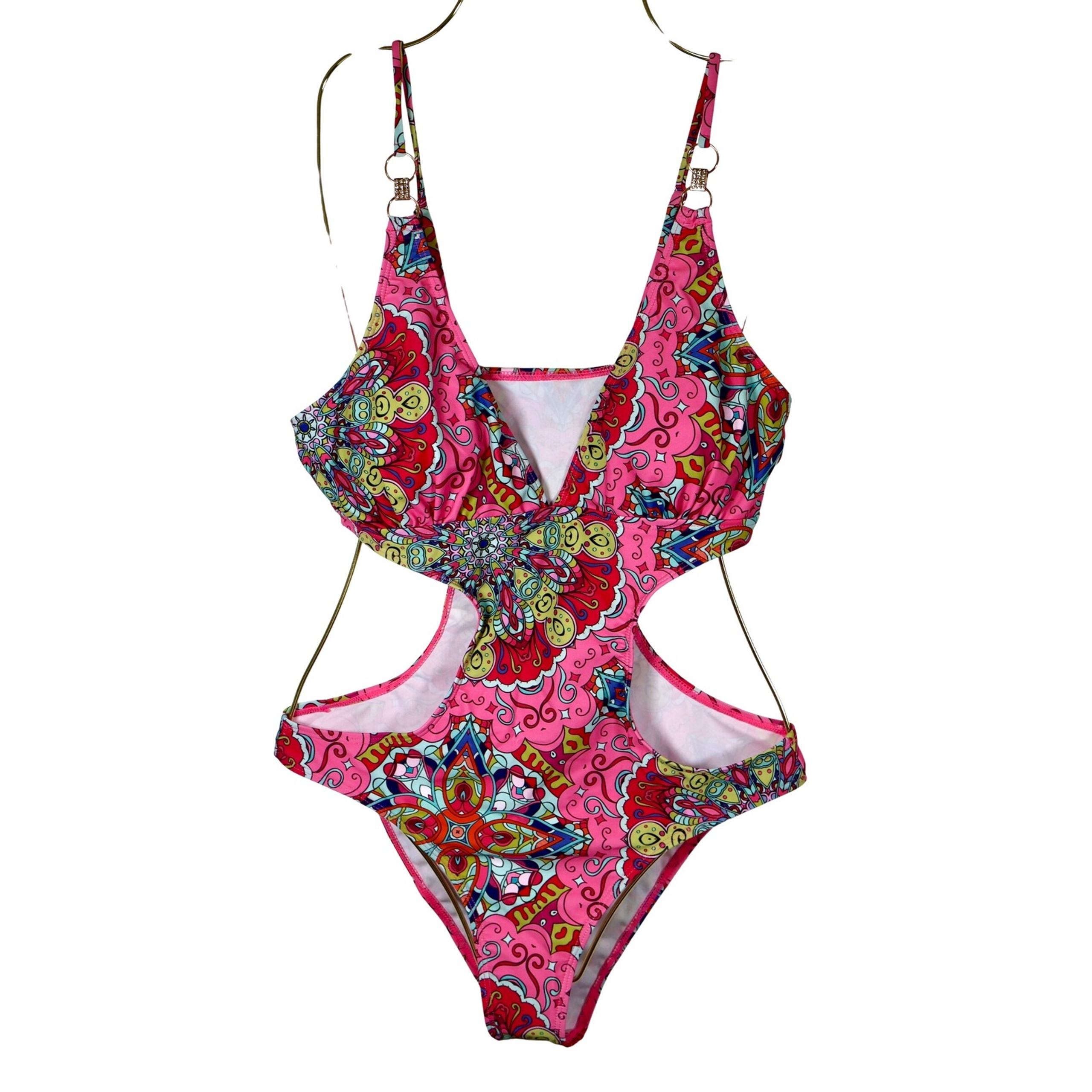 Cutout One Piece Swimsuit PINK Floral Print Rhinestone Detail Size L Shein NEW