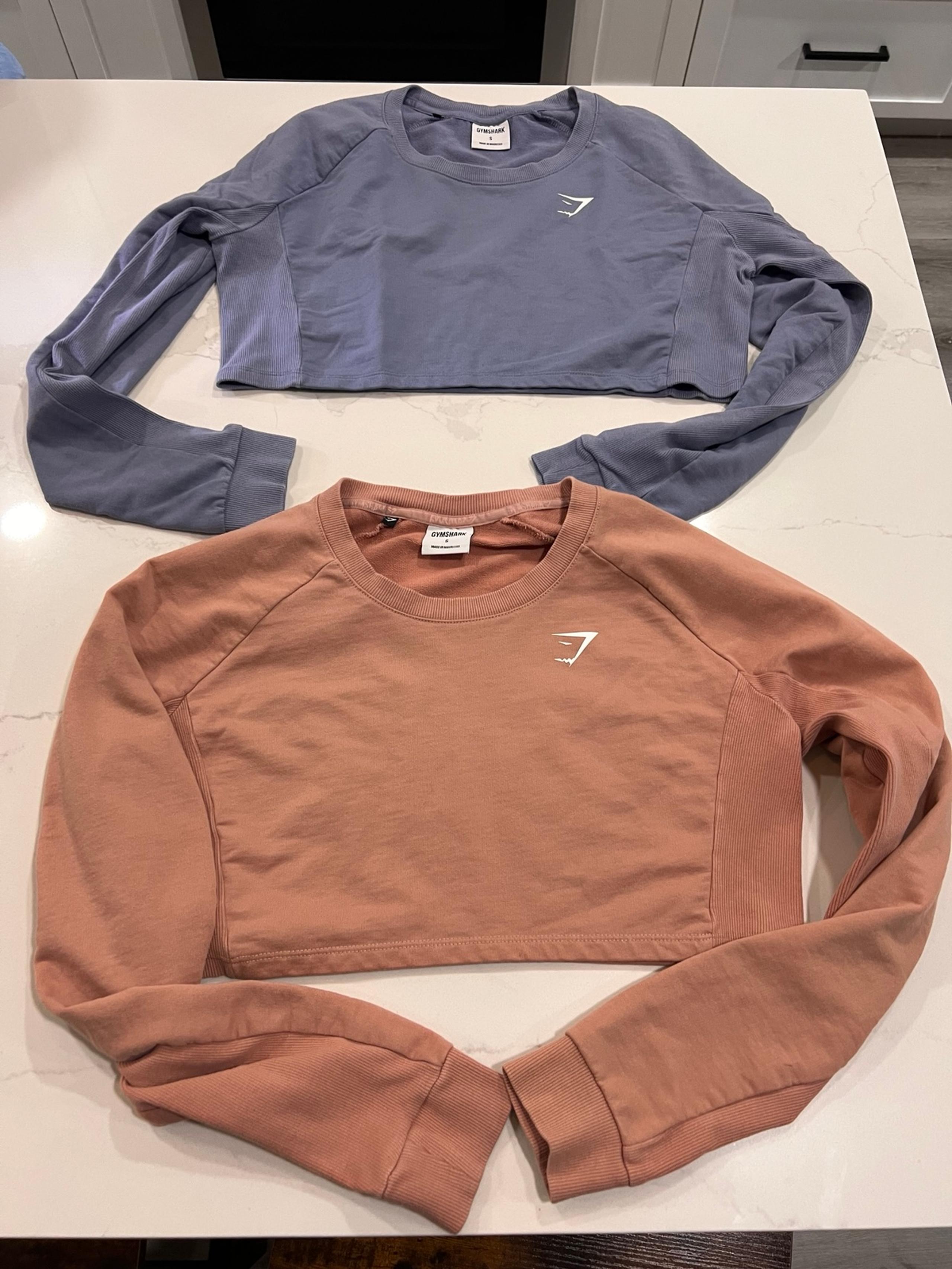 Gymshark Long Sleeve Crop Top Women Small Coral Salmon Pink & Evening Blue set