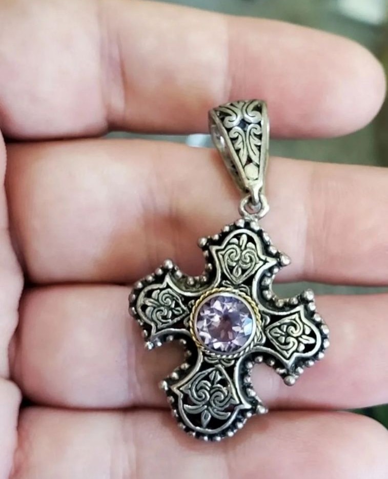 Sterling & 18k gold amethyst cross pendant! Stamped 925 and 18k on the back. Gen
