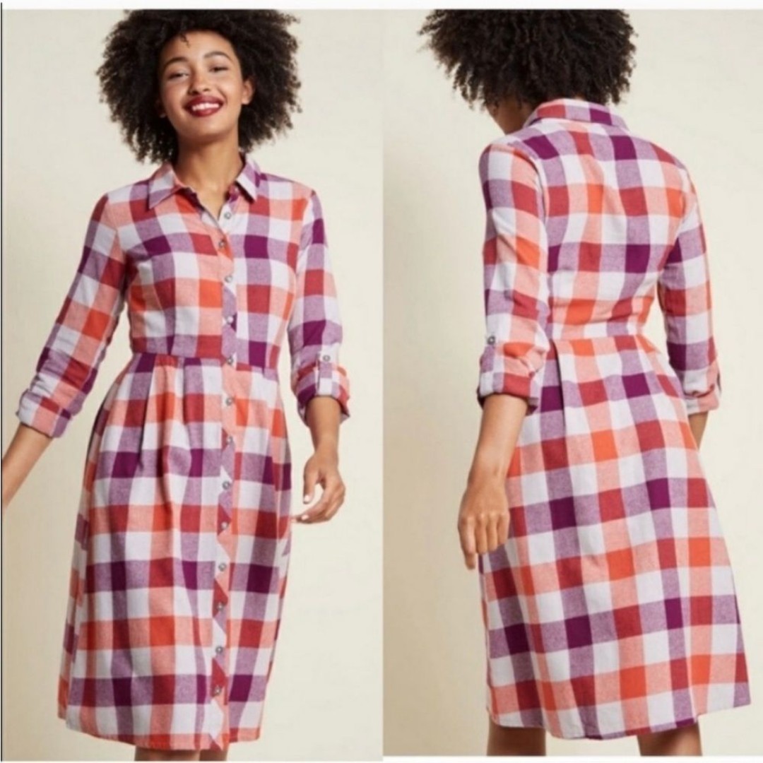 Modcloth Women's Flannel Jam Midi Dress with Pockets Size 24 Purple/Orange Plaid