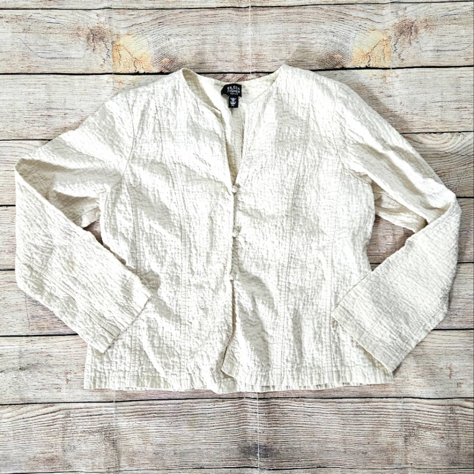 Eileen Fisher textured linen blend three button closure jacket PETITE