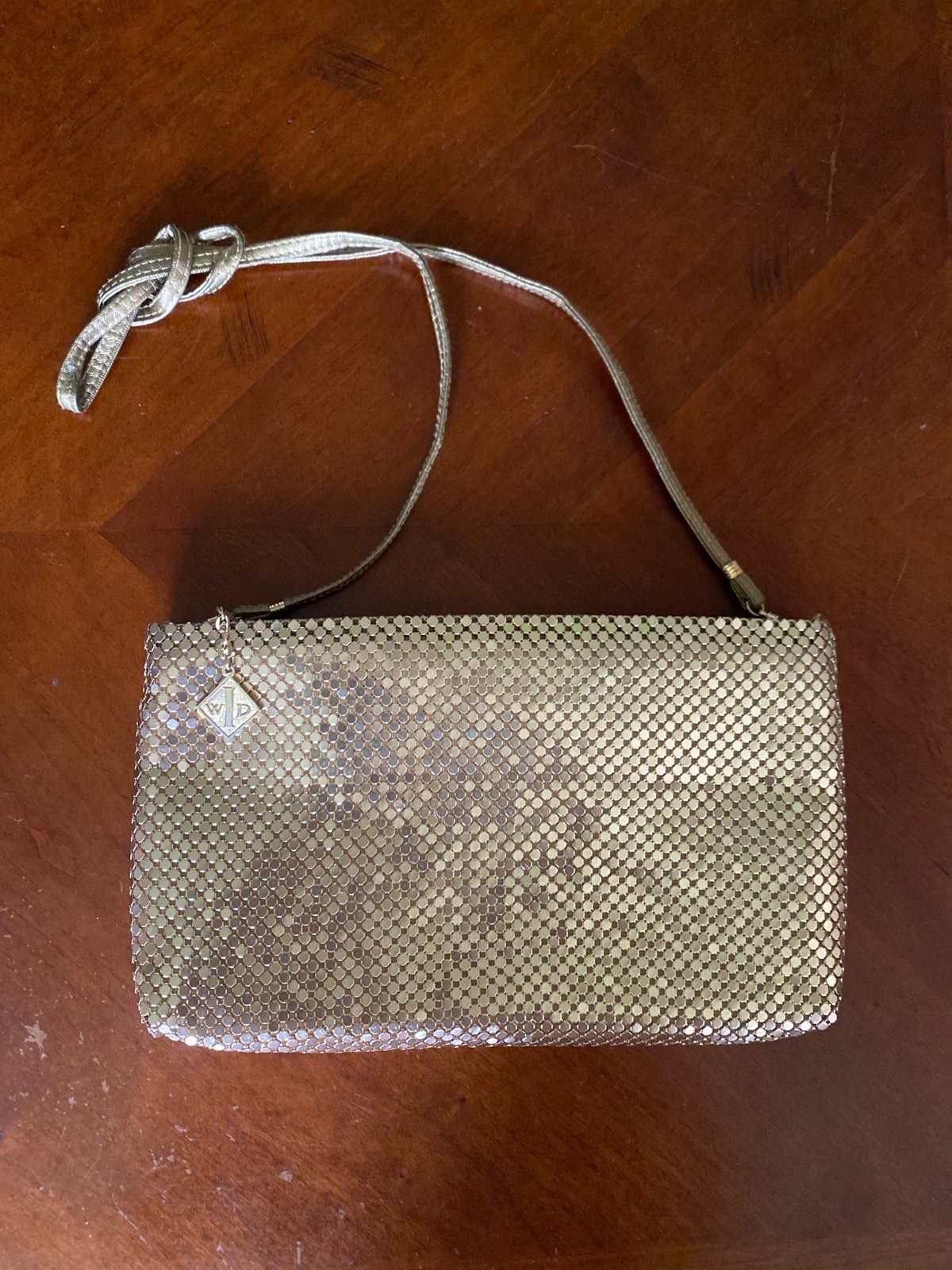 Original WHITING & DAVIS Gold Chain Mesh Handbag w/ Removable Strap & Charm