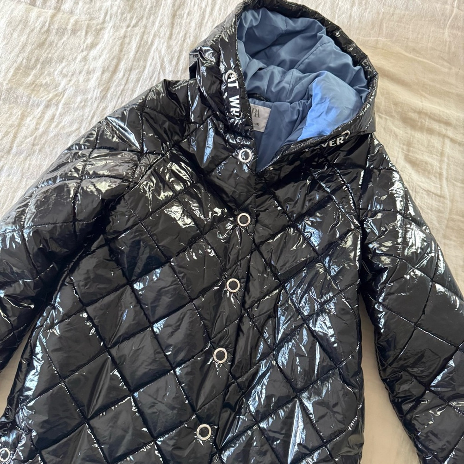 Zara Kids Girls Black Vinyl Puffer Jacket, size 11-12
