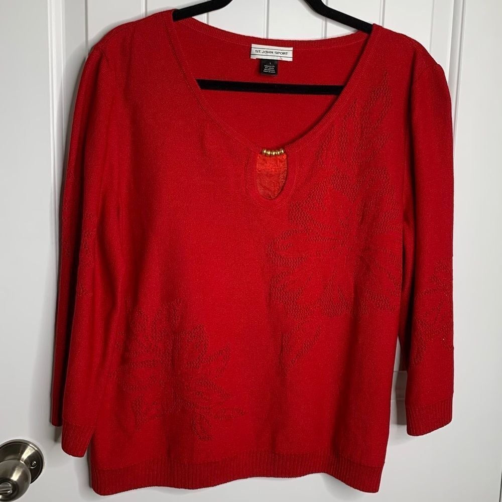 St John red Santana Knit floral print sweater size large holiday Valentine's