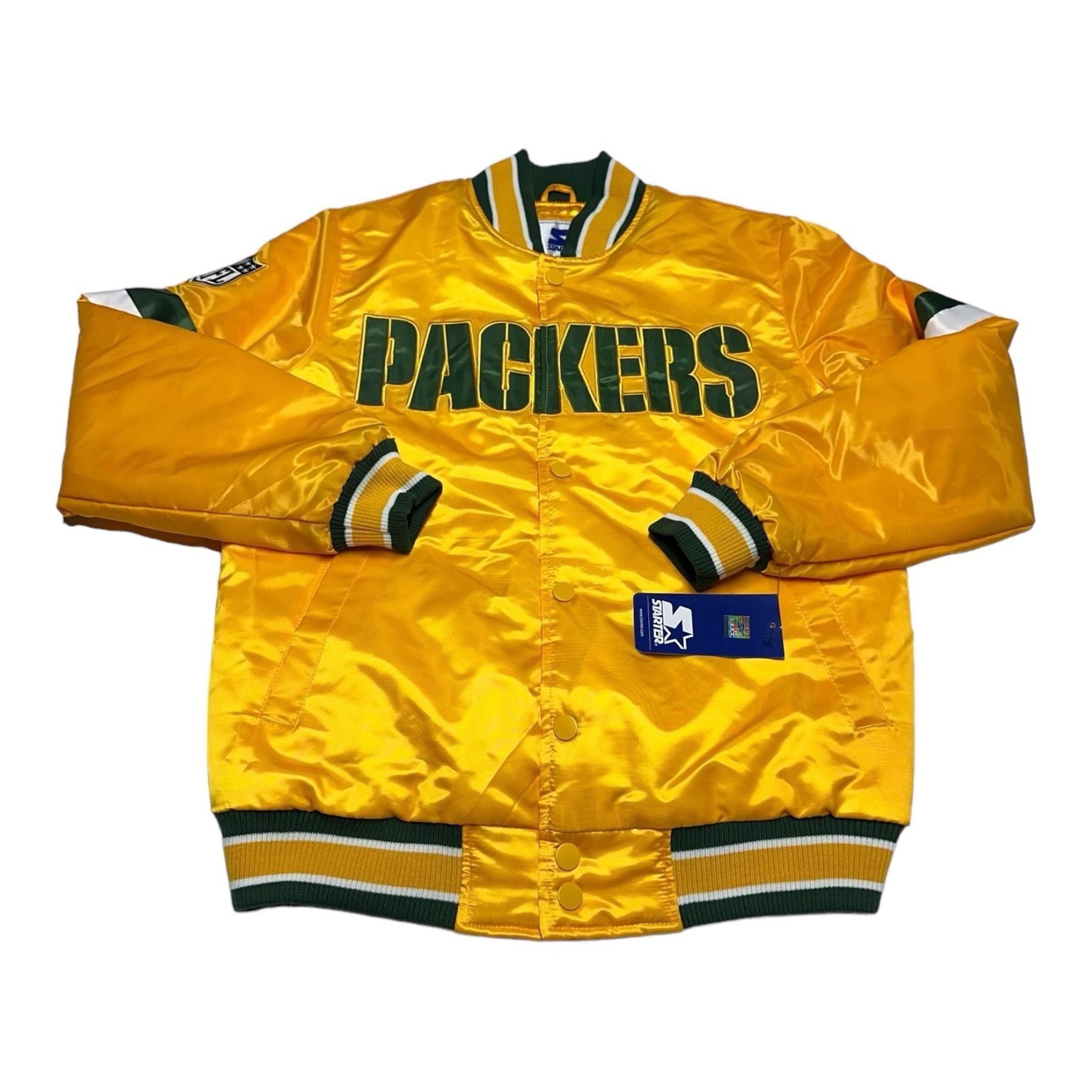 Starter Green Bay Packers Jacket Mens L Yellow NFL Football Faux Satin Bomber