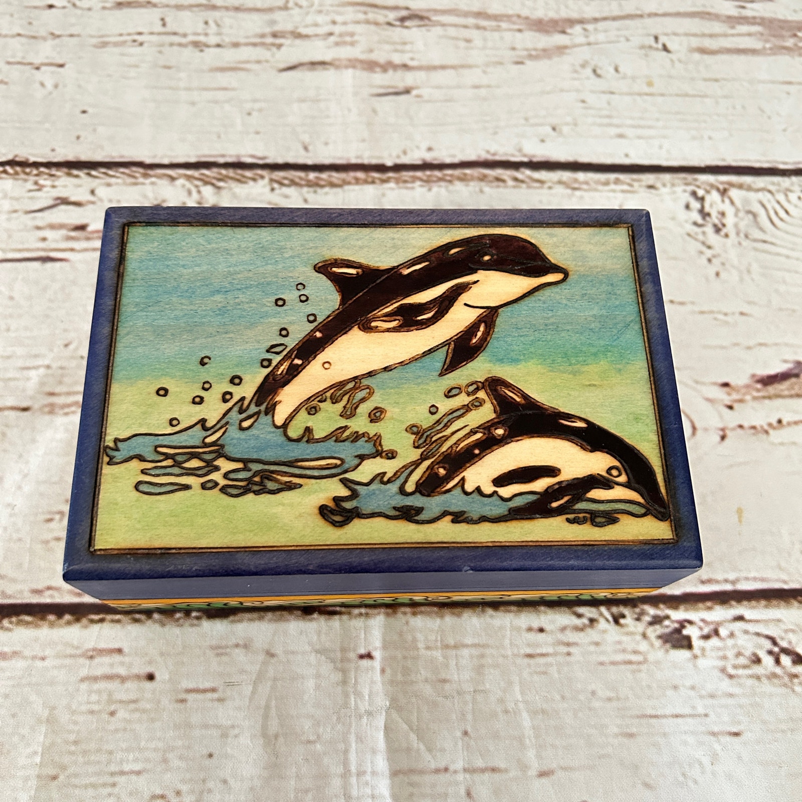 ENCAHNTED WORLD OF BOXES Dolphin in Ocean Decorated Jewelry Keepsake Box