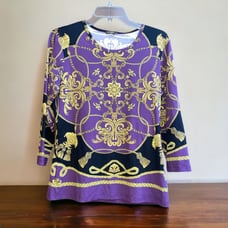J. McLaughlin L Purple Gold Baroque Pattern Long Sleeved Top