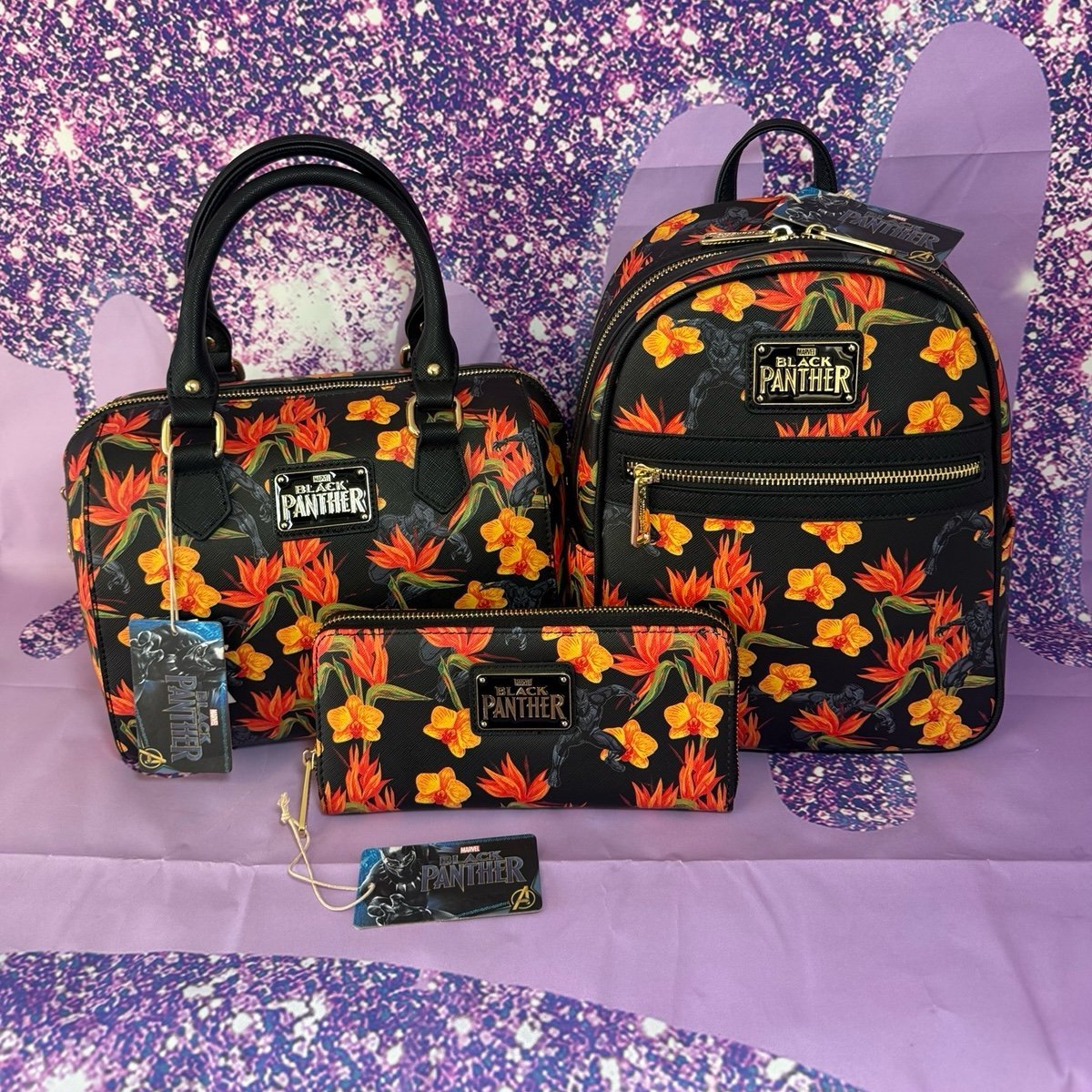 Loungefly Marvel Black Panther Floral Print Mini Backpack, Crossbody, & Wallet