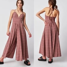 New Free People Plaid Dusty Lavender Combo Kaia Jumpsuit Size XS