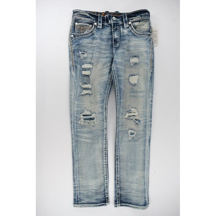 Rock Revival Jeans Rahm Straight Mens Size 33 Blue Denim Distressed 34x33 Repair