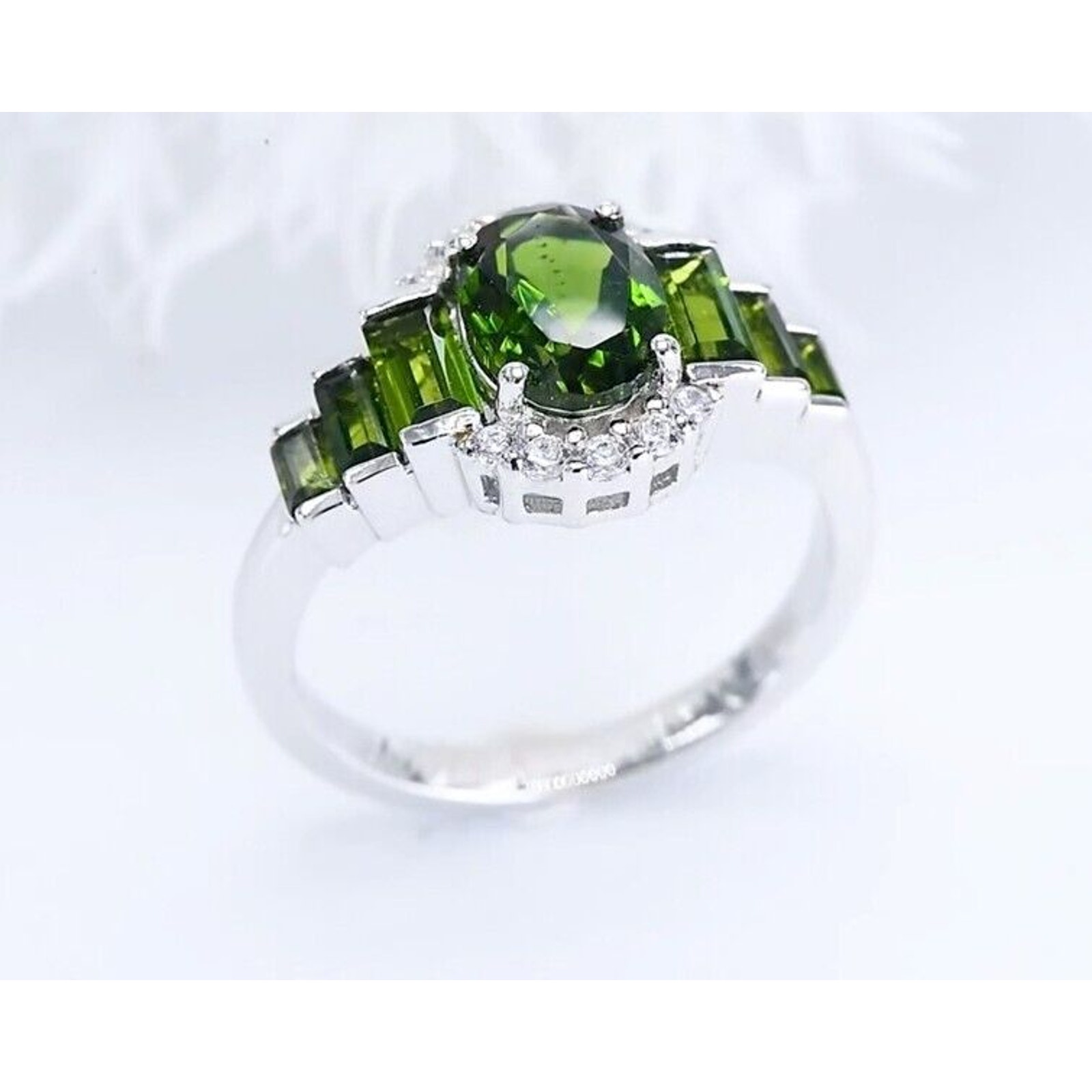 Chrome Diopside Band Ring, Green Diopside Cocktail Ring Sterling Silver 2.2CT