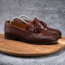 Johnston Murphy Signature Loafers Brown Woven Leather Tassel Apron Toe Shoes 10M