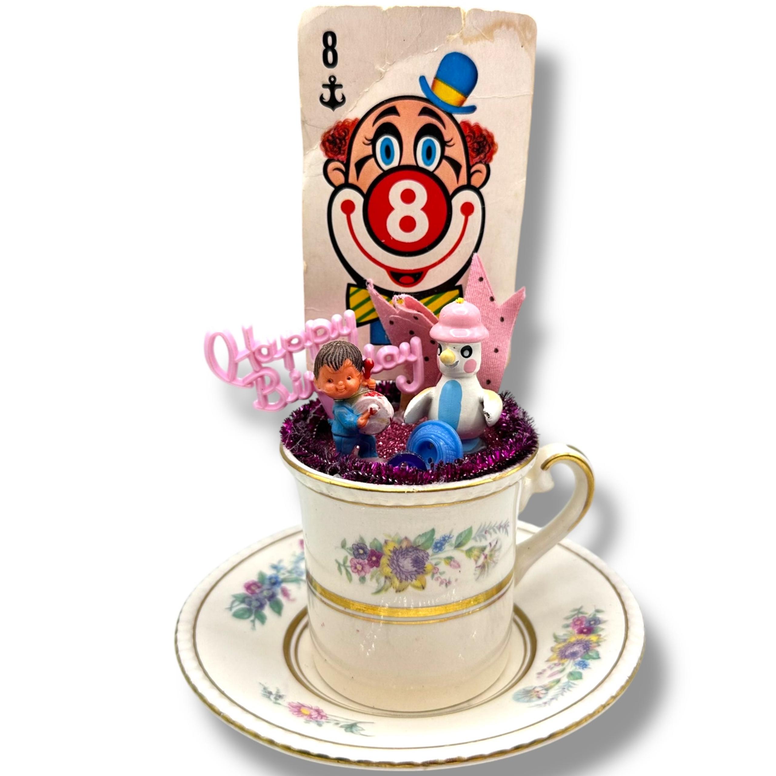 Playful 3-D Birthday Teacup Assemblage Art Sculpture by Kitsch Emporium