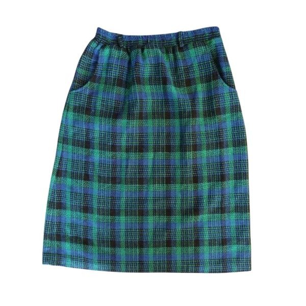 Vntg Green Blue Plaid High Rise Pull On Wool Blend Midi Skirt Size 14