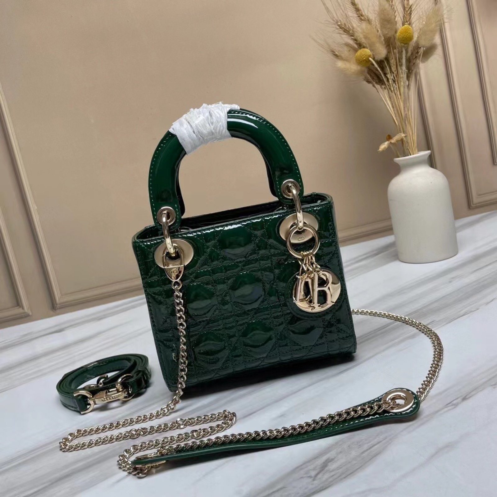 Women's Green Patent Leather 3-Grid Lady Bag