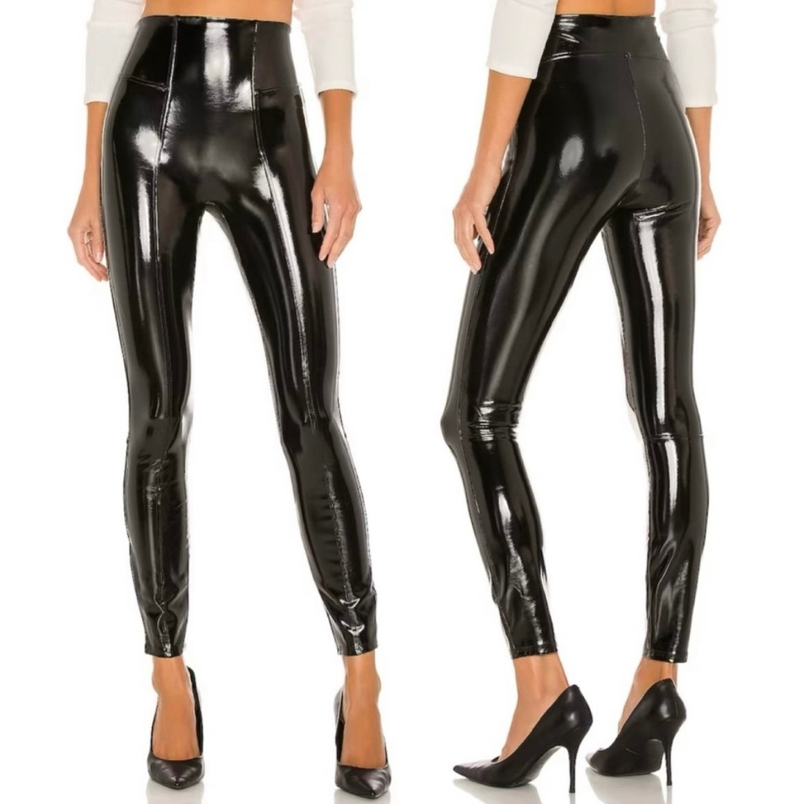 SPANX Classic Black Faux Patent Leather High Rise Shine Liquid Leggings Pants S