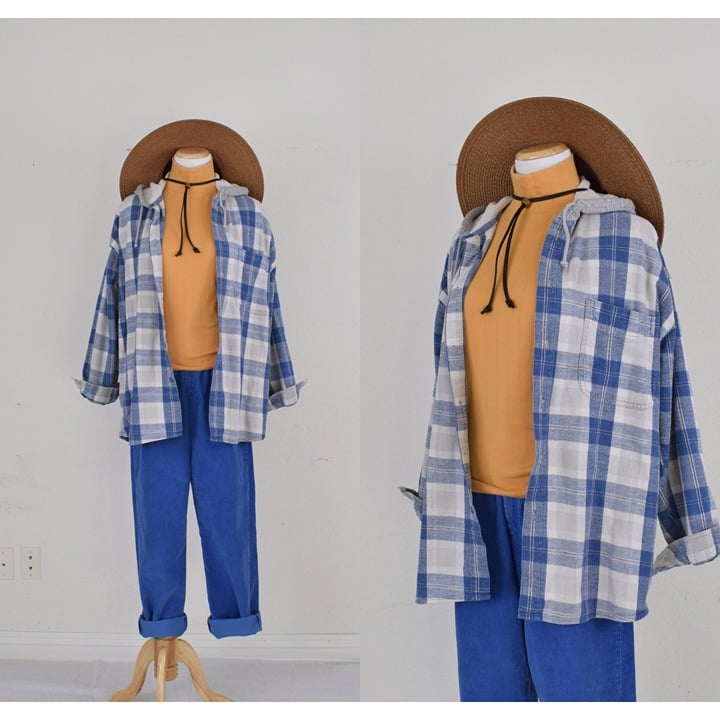 Vintage 90s Blue Plaid Cotton Shirt | long sleeves size L