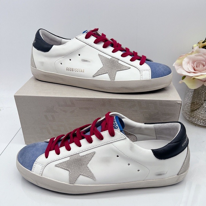 Golden Goose Super Star Low Top Sneakers White Blue Red Leather Mens US 10 EU 43
