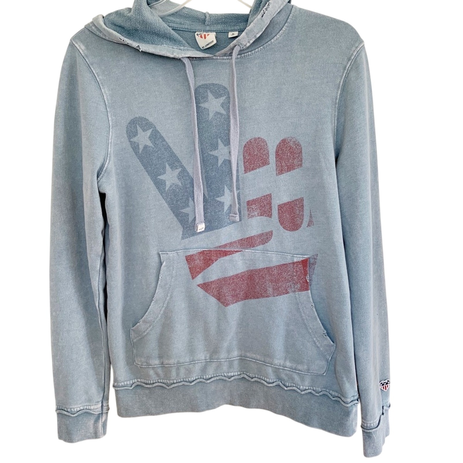 Junk Food Wash Blue Distressed Peace Sign American Flag Hoodie Small