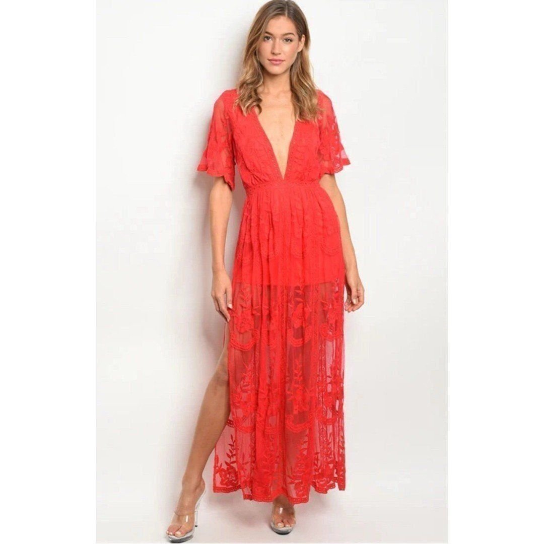 Women NEW Red Stunning Festival Boho Romantic Coquette Lace Side Slit Maxi Dress