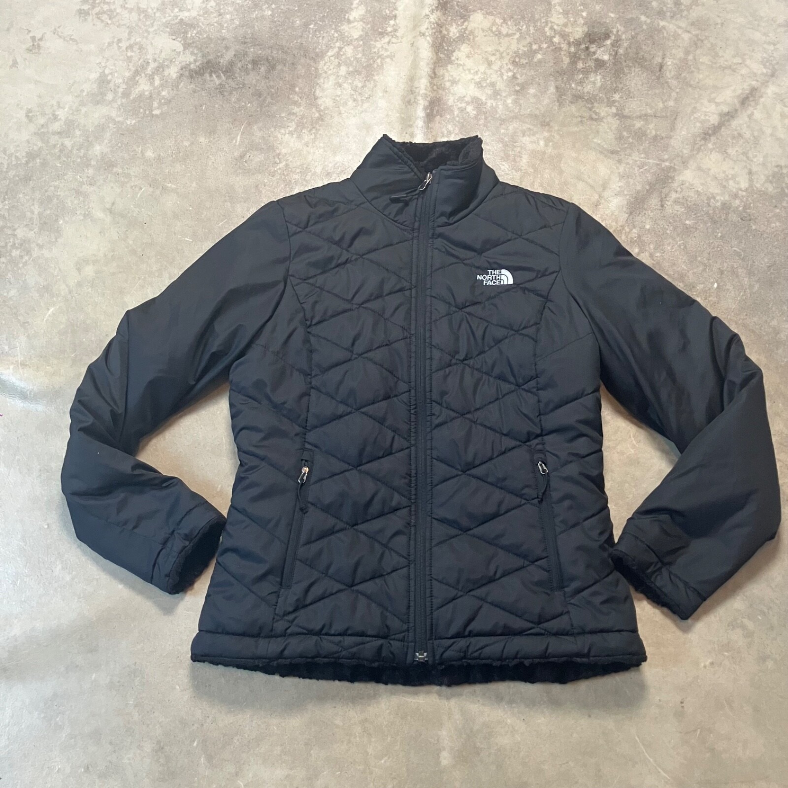 The North Face Mossbud Swirl Jacket Medium Black Faux Plush Fur Lined Quilted