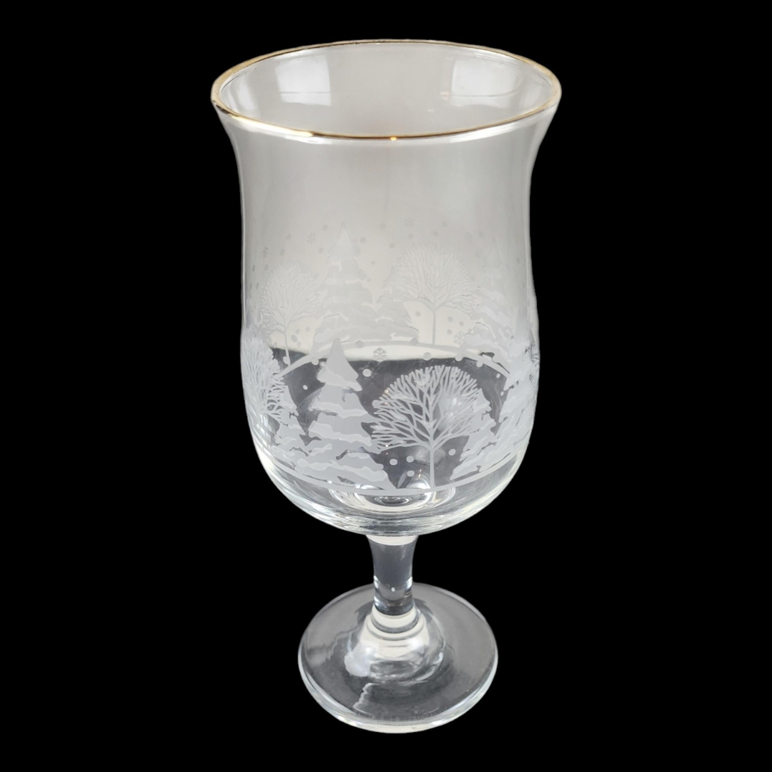 VTG Libbey Arby's Wine Glasses Frosted Etched Pine-Trees Winter Wonderland Set~4